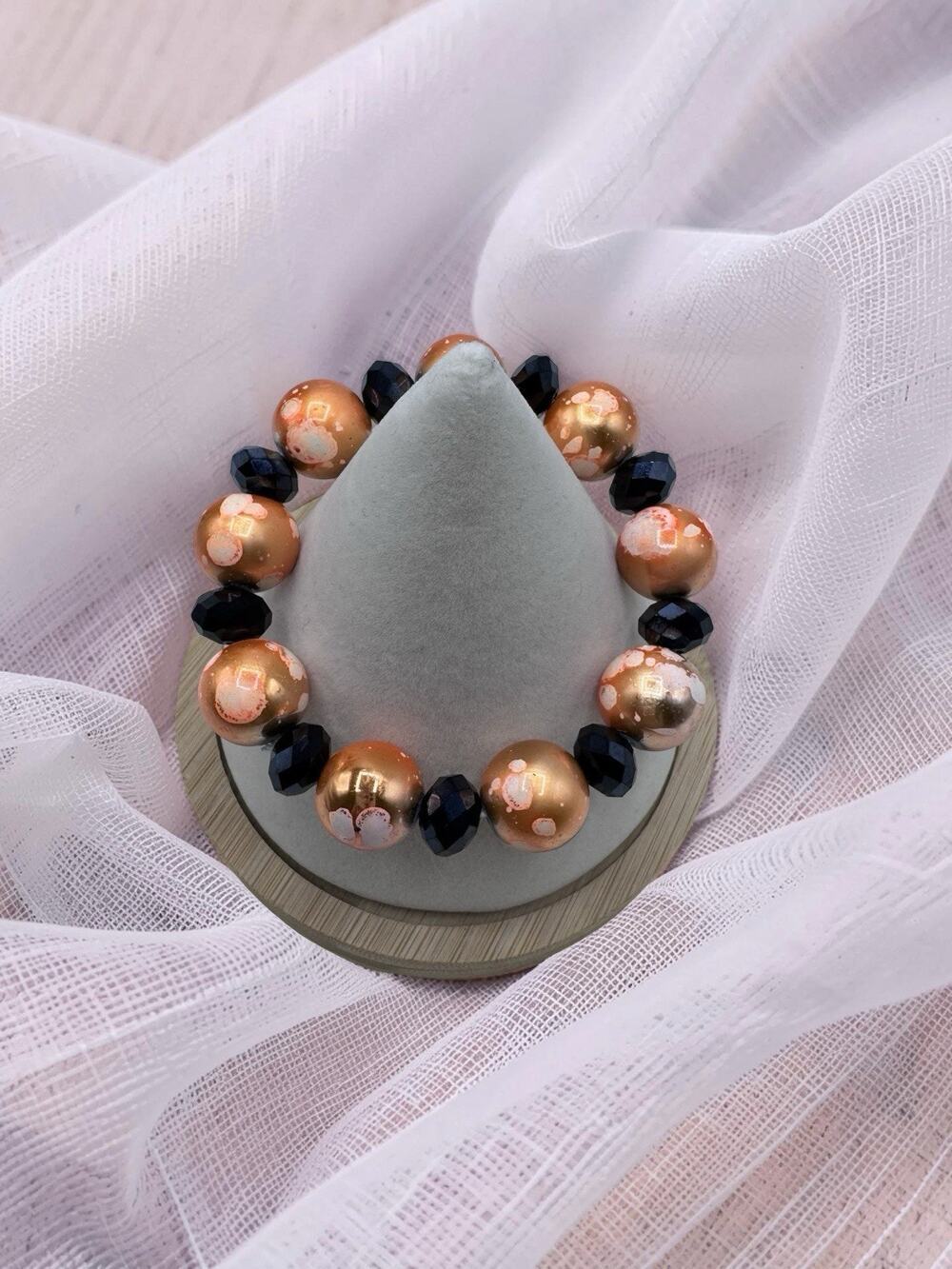 Fall Orange & Black Beaded Stretch Bracelet | Statement Chunky Bracelet